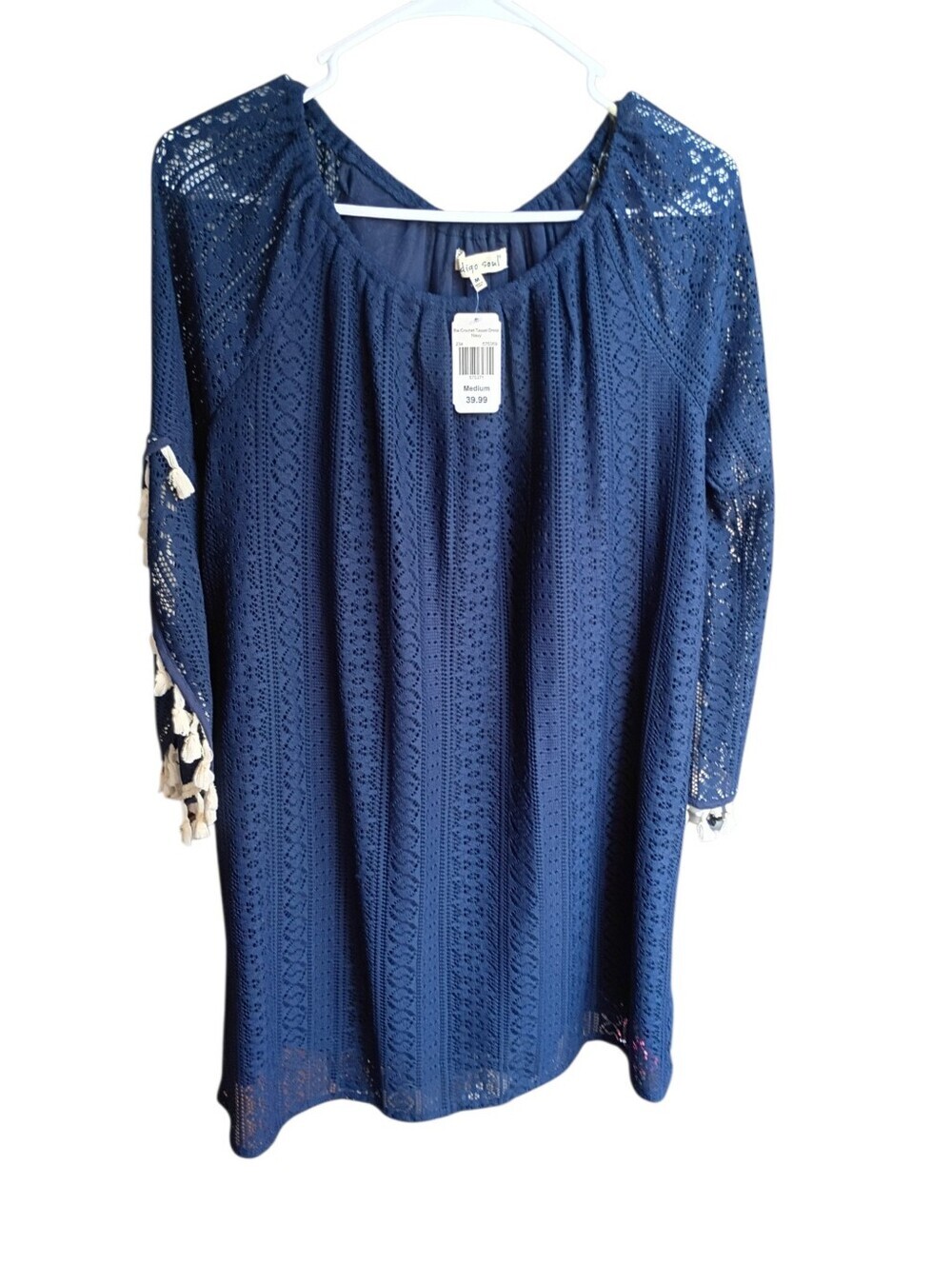 Indigo Soul Navy Blue Crochet Tassel Dress Size Medium NWT - Picture 4 of 5